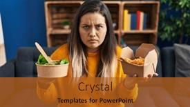  Presentation with fried chicken - Slide set with young-hispanic-woman-holding-healthy background and a  colored foreground