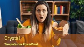  Presentation with fried chicken - Slide set having young-hispanic-woman-holding-healthy background and a tawny brown colored foreground