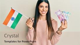  Presentation with india flag - PPT theme enhanced with young-hispanic-woman-holding-india background and a coral colored foreground