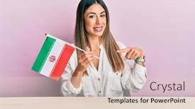  Presentation with iran flag - Amazing slide set having young-hispanic-woman-holding-iran backdrop and a lemonade colored foreground