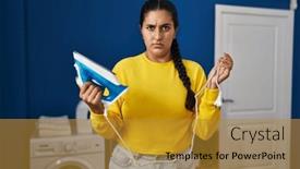  Presentation with iron - Presentation design with young-hispanic-woman-holding-iron background and a gold colored foreground