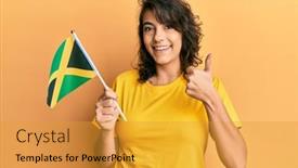  Presentation with jamaica - Audience pleasing presentation design consisting of young-hispanic-woman-holding-jamaica backdrop and a gold colored foreground
