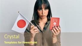  Presentation with japan flag - Slide set with young-hispanic-woman-holding-japan background and a coral colored foreground