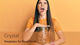  Presentation with hispanic - Colorful presentation theme enhanced with young-hispanic-woman-holding-jar backdrop and a gold colored foreground