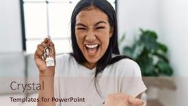  Presentation with woman hands open - Presentation theme having young-hispanic-woman-holding-keys background and a coral colored foreground