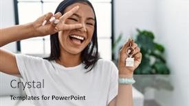  Presentation with new home - PPT layouts consisting of young-hispanic-woman-holding-keys background and a light gray colored foreground