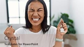  Presentation with new home - PPT theme with young-hispanic-woman-holding-keys background and a coral colored foreground