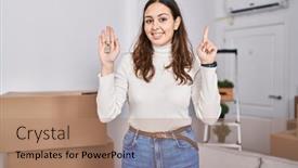  Presentation with new home - Presentation theme featuring young-hispanic-woman-holding-keys background and a coral colored foreground