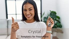  Presentation with new home - Slides having young-hispanic-woman-holding-keys background and a coral colored foreground