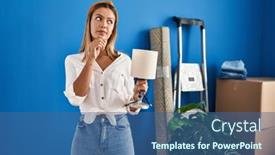  Presentation with new home - PPT theme with young-hispanic-woman-holding-lamp background and a ocean colored foreground