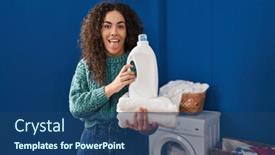  Presentation with laundry detergent - Presentation theme having young-hispanic-woman-holding-laundry background and a ocean colored foreground