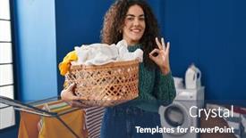  Presentation with laundry - Slide deck enhanced with young-hispanic-woman-holding-laundry background and a ocean colored foreground