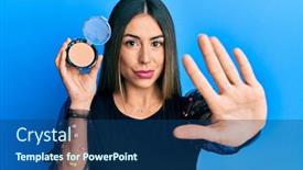  Presentation with defense - Audience pleasing presentation theme consisting of young-hispanic-woman-holding-makeup backdrop and a ocean colored foreground
