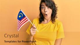  Presentation with malaysia flag - Beautiful PPT theme featuring young-hispanic-woman-holding-malaysia backdrop and a gold colored foreground