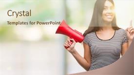  Presentation with idea - Beautiful presentation theme featuring young hispanic woman holding megaphone backdrop and a  colored foreground