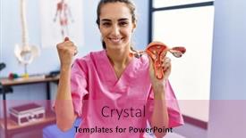  Presentation with rehabilitation - PPT theme having young-hispanic-woman-holding-model background and a coral colored foreground