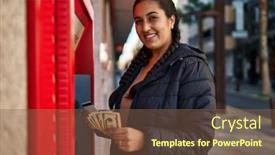  Presentation with bank teller - PPT layouts featuring young-hispanic-woman-holding-money background and a tawny brown colored foreground