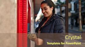  Presentation with bank teller - Slide deck with young-hispanic-woman-holding-money background and a  colored foreground