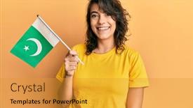  Presentation with pakistan flag - Slide set featuring young-hispanic-woman-holding-pakistan background and a gold colored foreground