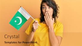  Presentation with pakistan flag - Colorful presentation theme enhanced with young-hispanic-woman-holding-pakistan backdrop and a gold colored foreground