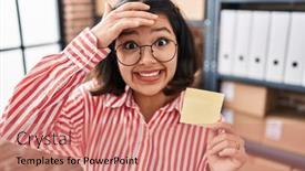  Presentation with paper - PPT theme consisting of young-hispanic-woman-holding-paper background and a coral colored foreground