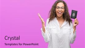  Presentation with passport - Audience pleasing theme consisting of young hispanic woman holding passport backdrop and a lilac colored foreground