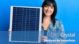  Presentation with solar panel - PPT theme consisting of young-hispanic-woman-holding-photovoltaic background and a teal colored foreground