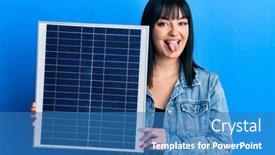  Presentation with photovoltaic - Presentation design consisting of young-hispanic-woman-holding-photovoltaic background and a teal colored foreground