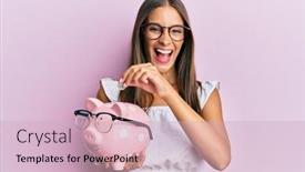  Presentation with piggy bank - Beautiful PPT theme featuring young-hispanic-woman-holding-piggy backdrop and a lemonade colored foreground