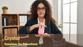  Presentation with piggy bank - Slide set with young-hispanic-woman-holding-piggy background and a  colored foreground