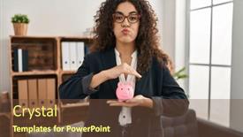  Presentation with puffing - Presentation theme having young-hispanic-woman-holding-piggy background and a  colored foreground