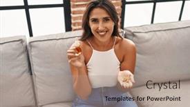  Presentation with cbd - Presentation design enhanced with young-hispanic-woman-holding-pills background and a coral colored foreground