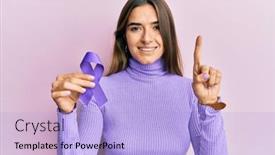  Presentation with purple - Cool new slide deck with young-hispanic-woman-holding-purple backdrop and a light blue colored foreground