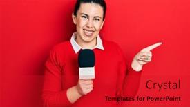  Presentation with hispanic - Presentation theme featuring young-hispanic-woman-holding-reporter background and a crimson colored foreground