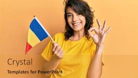  Presentation with romania - Presentation theme featuring young-hispanic-woman-holding-romania background and a gold colored foreground