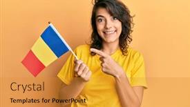  Presentation with romania - Presentation consisting of young-hispanic-woman-holding-romania background and a gold colored foreground