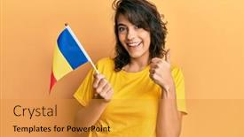  Presentation with romania - Beautiful presentation theme featuring young-hispanic-woman-holding-romania backdrop and a gold colored foreground