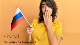  Presentation with russia flag - Amazing slide set having young-hispanic-woman-holding-russia backdrop and a gold colored foreground