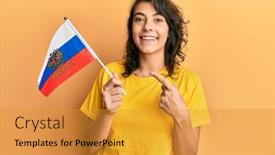  Presentation with russia flag - Cool new slide deck with young-hispanic-woman-holding-russia backdrop and a gold colored foreground