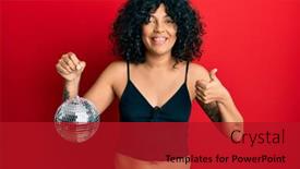  Presentation with disco ball - Audience pleasing slide set consisting of young-hispanic-woman-holding-shiny backdrop and a crimson colored foreground