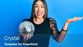  Presentation with disco ball - PPT theme featuring young-hispanic-woman-holding-shiny background and a ocean colored foreground