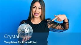  Presentation with disco ball - Presentation theme with young-hispanic-woman-holding-shiny background and a ocean colored foreground