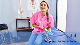  Presentation with physiotherapy - Presentation design having young-hispanic-woman-holding-shoe background and a light blue colored foreground
