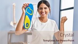  Presentation with physiotherapy - Slide set enhanced with young-hispanic-woman-holding-shoe background and a  colored foreground