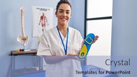  Presentation with shoe - PPT theme consisting of young-hispanic-woman-holding-shoe background and a light blue colored foreground