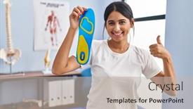  Presentation with physiotherapy - PPT theme having young-hispanic-woman-holding-shoe background and a soft green colored foreground