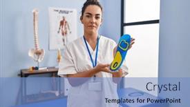  Presentation with physiotherapy - PPT layouts having young-hispanic-woman-holding-shoe background and a light blue colored foreground