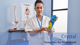  Presentation with physiotherapy - Slide deck with young-hispanic-woman-holding-shoe background and a light blue colored foreground