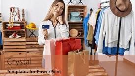  Presentation with credit card - Presentation design enhanced with young-hispanic-woman-holding-shopping background and a red colored foreground