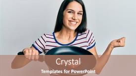  Presentation with victory - Presentation theme having young-hispanic-woman-holding-skillet background and a coral colored foreground